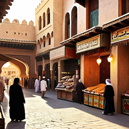 Home 19 **
A welcoming Arab marketplace scene with a merchant offering dates to a customer. Focus on the warmth of the setting sun and the intricate details of the traditional Arab clothing and architecture. Incorporate the rich colors and textures typical of a bustling Middle Eastern souk.
**