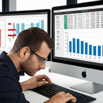 **A modern office setting with various digital tools (tablets, laptops) displaying data visualizations (charts, graphs). Employees are collaborating and analyzing the data. The overall mood is focused and productive.**