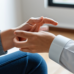 A professional individual in modest, comfortable attire, gently interacting with a wrist-worn smart health monitor in a calm, modern living room. The setting emphasizes personalized comfort and subtle, efficient technology seamlessly integrated into daily life, conveying a sense of well-being derived from tailored insights. fully clothed, appropriate attire, safe for work, perfect anatomy, natural proportions, well-formed hands, proper finger count, professional photography, high quality, family-friendly.