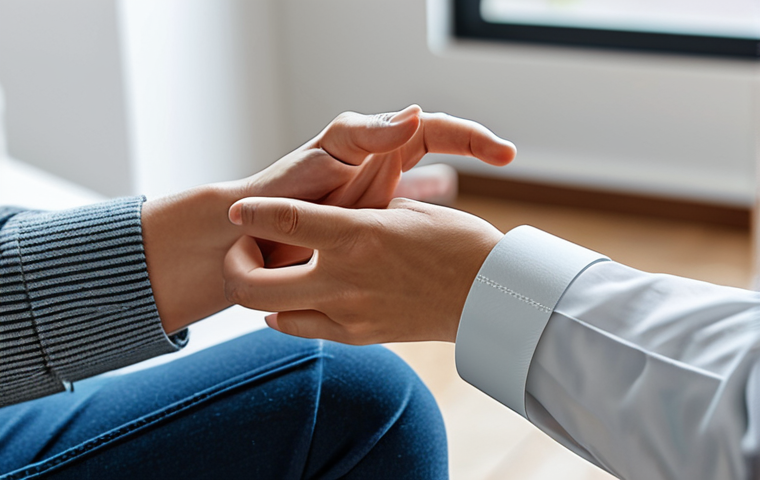 A professional individual in modest, comfortable attire, gently interacting with a wrist-worn smart health monitor in a calm, modern living room. The setting emphasizes personalized comfort and subtle, efficient technology seamlessly integrated into daily life, conveying a sense of well-being derived from tailored insights. fully clothed, appropriate attire, safe for work, perfect anatomy, natural proportions, well-formed hands, proper finger count, professional photography, high quality, family-friendly.