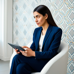 A professional female data insights specialist in a modest, elegant business suit, seated comfortably opposite a male client in a bright, modern, and uncluttered consultation room with soft, natural light and a subtle Arabic geometric wall pattern. The specialist holds a digital tablet, actively listening with a thoughtful expression, making notes. The client speaks naturally. Both subjects display perfect anatomy, correct proportions, natural poses, well-formed hands, and proper finger count. High-resolution, professional studio photography, crisp details, soft diffused lighting, safe for work, appropriate content, fully clothed, professional, appropriate attire, natural body proportions.
