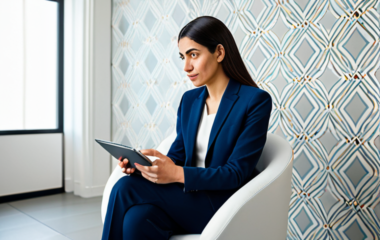 A professional female data insights specialist in a modest, elegant business suit, seated comfortably opposite a male client in a bright, modern, and uncluttered consultation room with soft, natural light and a subtle Arabic geometric wall pattern. The specialist holds a digital tablet, actively listening with a thoughtful expression, making notes. The client speaks naturally. Both subjects display perfect anatomy, correct proportions, natural poses, well-formed hands, and proper finger count. High-resolution, professional studio photography, crisp details, soft diffused lighting, safe for work, appropriate content, fully clothed, professional, appropriate attire, natural body proportions.