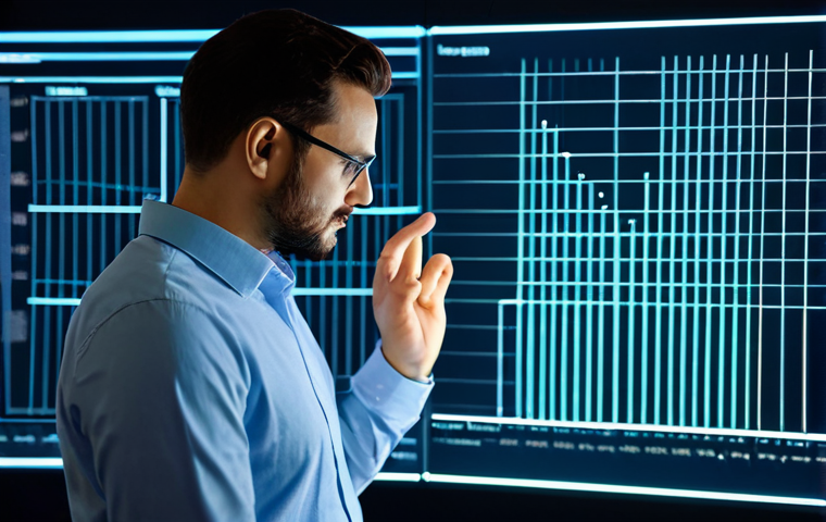 A professional data analyst, fully clothed in a modest business casual attire, leaning forward intently, observing a small, detailed holographic projection. The projection shows subtle human interactions and qualitative insights, possibly depicting nuanced facial expressions or a few key written notes, with a sharp focus on deep understanding. The background is a sleek, modern, minimalist research lab, subtly featuring blurred abstract large data visualizations to emphasize the contrast. The image uses professional photography, soft lighting, vibrant colors, with perfect anatomy, correct proportions, natural pose, well-formed hands, proper finger count, and natural body proportions. This is safe for work, appropriate content, and family-friendly.