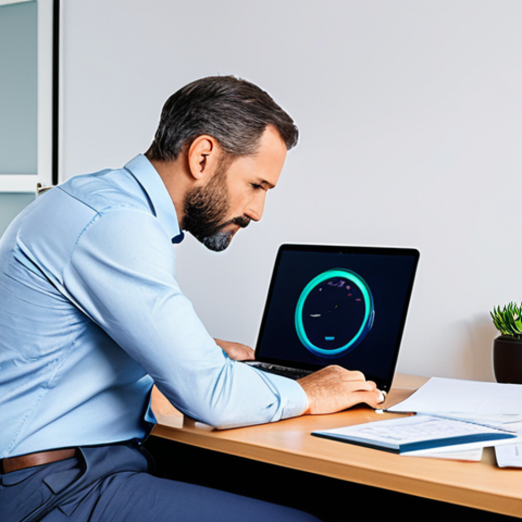 A professional male, in his late 30s, wearing a modest business casual outfit, intently observing a vibrant, clear data dashboard on a laptop. Scattered around his pristine, modern desk are neat stacks of business notes and a small notebook, symbolizing small, individual data points that coalesce into the insights on the screen. The background is a bright, minimalist office space with natural lighting, conveying a sense of calm focus and discovery. Perfect anatomy, correct proportions, natural pose, well-formed hands, proper finger count, natural body proportions, fully clothed, modest clothing, appropriate attire, professional dress, safe for work, appropriate content, professional, family-friendly, high-quality professional photography.