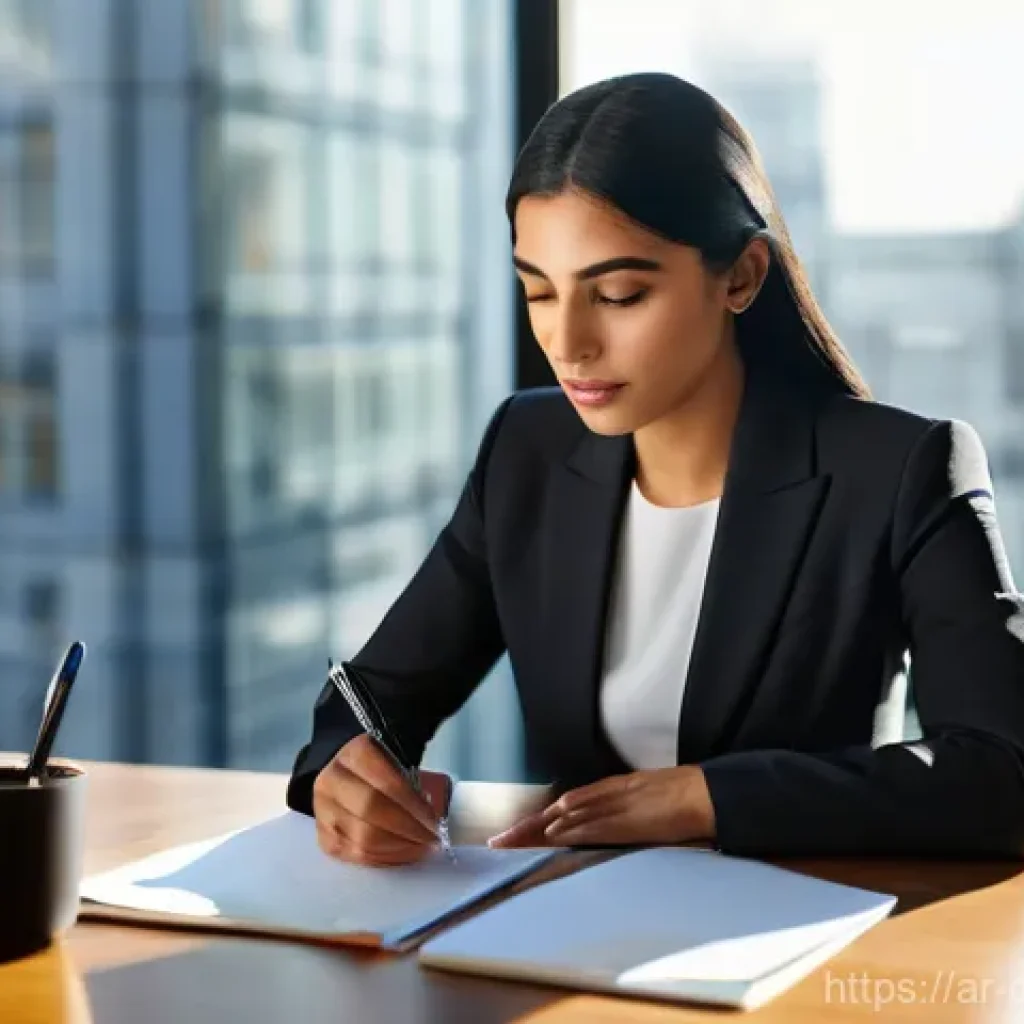 스몰 데이터 분석의 성공 요소 - **Prompt:** A serene, modern Arab woman, dressed in a stylish yet modest business suit, is seated at...
