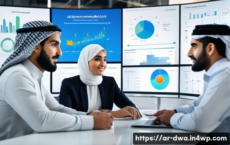 스몰 데이터와 고객 경험 개선 - A modern Middle Eastern business office scene showing a diverse Arab marketing team analyzing detail...