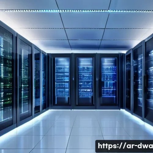 Home 32 스몰 데이터 처리와 저장 방법 - A modern data center environment with Arabic calligraphy subtly integrated into digital screens disp...