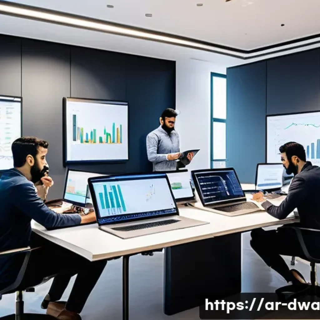 스몰 데이터와 빅 데이터의 차이점 - A detailed office scene in a modern Middle Eastern startup, showing a diverse team of Arab professio...