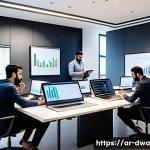 Home 23 스몰 데이터와 빅 데이터의 차이점 - A detailed office scene in a modern Middle Eastern startup, showing a diverse team of Arab professio...