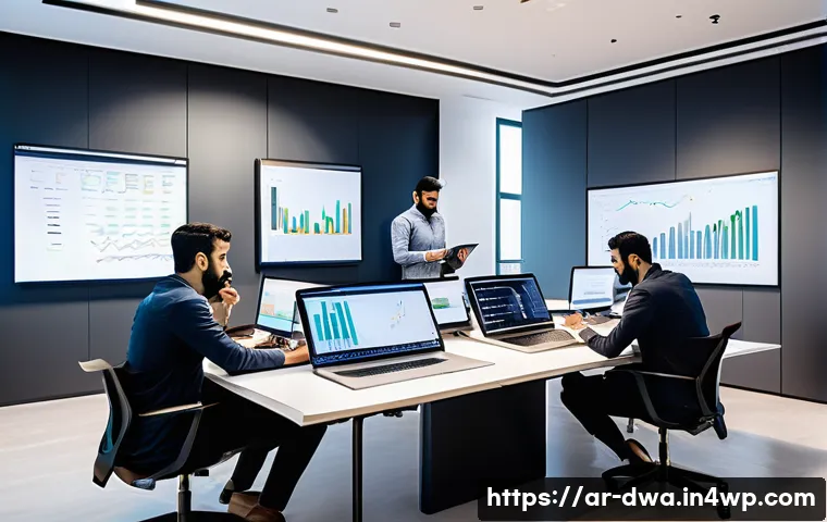 스몰 데이터와 빅 데이터의 차이점 - A detailed office scene in a modern Middle Eastern startup, showing a diverse team of Arab professio...